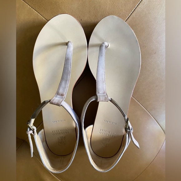 Brunello Cucinelli Platform T-Strap Sandals Gray Brown Size 36.5 Italian Wedge - Picture 5 of 13